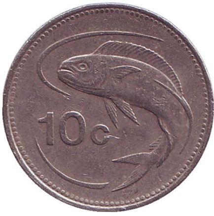 Монета 10 центов. 1992 год, Мальта. Золотистая макрель.