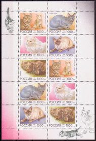 Марки почтовые. Малый лист. Породы домашних кошек. 1996 год, Россия. Марки почтовые. Малый лист. Породы домашних кошек. 1996 год, Россия.
