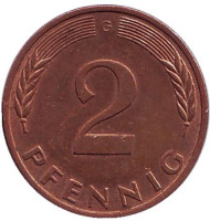 Монета 2 пфеннига. 1982 год (G), ФРГ. Дубовые листья. Монета 2 пфеннига. 1982 год (G), ФРГ. Дубовые листья.