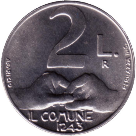 Монета 2 лиры. 1991 год. Сан-Марино. Коммуна.