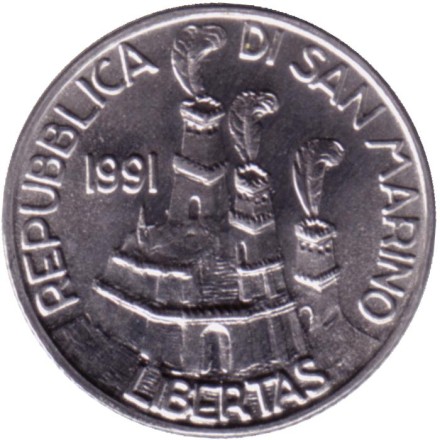 Монета 2 лиры. 1991 год. Сан-Марино. Коммуна. Монета 2 лиры. 1991 год. Сан-Марино. Коммуна.