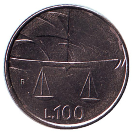 Монета 100 лир, 1990 год, Сан-Марино. 1600 год - год принятия Конституции («Статут»). Чаша равновесия.