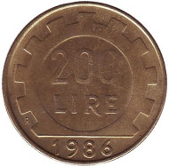 Монета 200 лир. 1986 год, Италия. Монета 200 лир. 1986 год, Италия.
