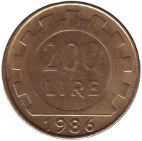 Монета 200 лир. 1986 год, Италия.