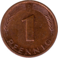 Монета 1 пфенниг. 1996 год (D), ФРГ. Дубовые листья. Монета 1 пфенниг. 1996 год (D), ФРГ. Дубовые листья.
