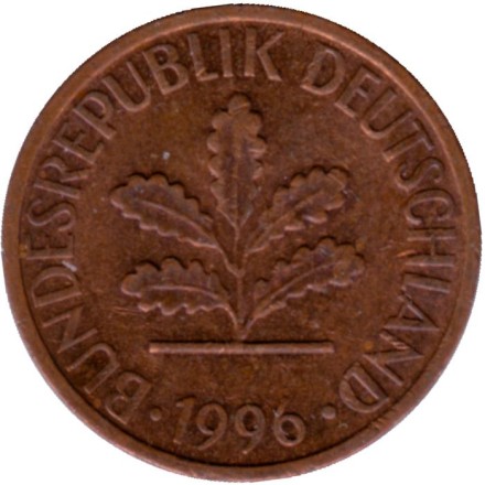 Монета 1 пфенниг. 1996 год (D), ФРГ. Дубовые листья. Монета 1 пфенниг. 1996 год (D), ФРГ. Дубовые листья.