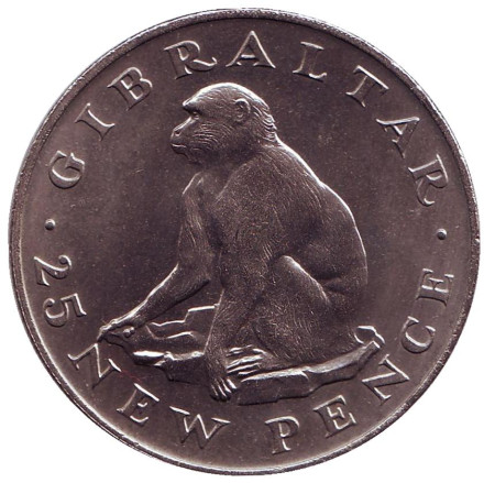 Монета 25 новых пенсов. 1971 год, Гибралтар. Обезьяна.