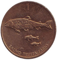 Монета 1 толар. 1992 год, Словения. Ручьевая форель. Монета 1 толар. 1992 год, Словения. Ручьевая форель.