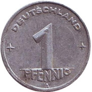 Монета 1 пфенниг. 1950 год (А), ГДР. Монета 1 пфенниг. 1950 год (А), ГДР.
