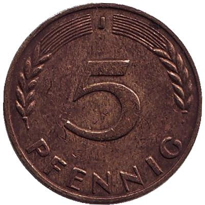 Монета 5 пфеннигов. 1966 год (J), ФРГ. Дубовые листья.