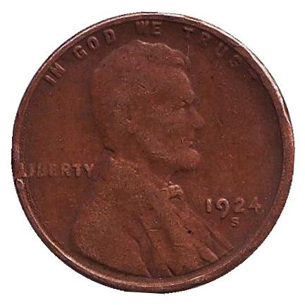 Монета 1 цент. 1924 год (S), США. Линкольн.