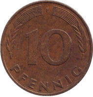 Монета 10 пфеннигов. 1977 год (F), ФРГ. Дубовые листья. Монета 10 пфеннигов. 1977 год (F), ФРГ. Дубовые листья.