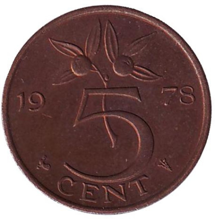 Монета 5 центов. 1978 год, Нидерланды.