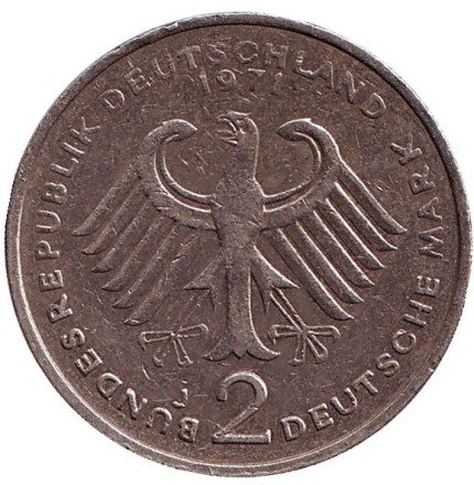 Монета 2 марки. 1971 год (J), ФРГ. Теодор Хойс. Монета 2 марки. 1971 год (J), ФРГ. Теодор Хойс.
