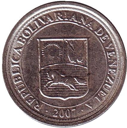 Монета 25 сентимо. 2007 год, Венесуэла. Монета 25 сентимо. 2007 год, Венесуэла.