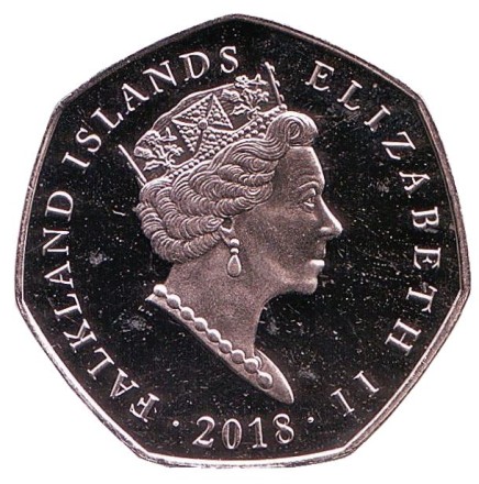 Монета 50 пенсов. 2018 год, Фолклендские острова. Субантарктический пингвин.