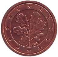 Монета 1 цент. 2004 год (D), Германия. Монета 1 цент. 2004 год (D), Германия.