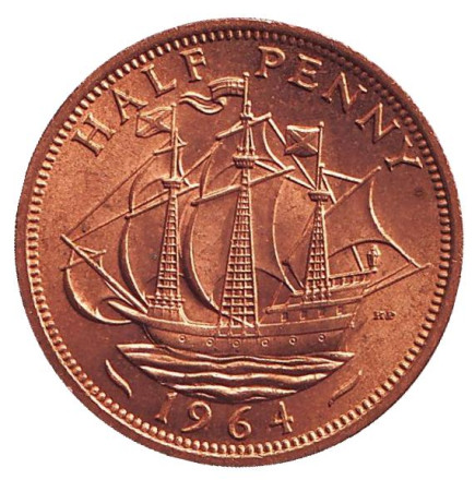 Монета 1/2 пенни. 1964 год, Великобритания. UNC. "Золотая лань".
