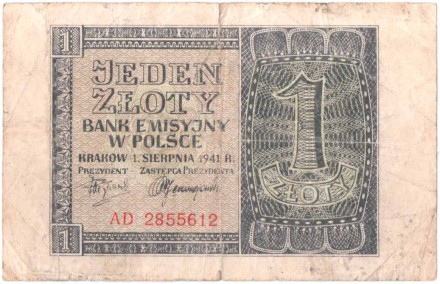 Банкнота 1 злотый. 1941 год, Польша. (Оккупация). P-99.