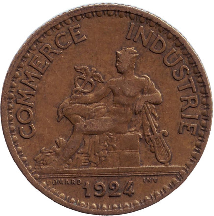 Монета 1 франк. 1924 год, Франция. (Открытая "4")