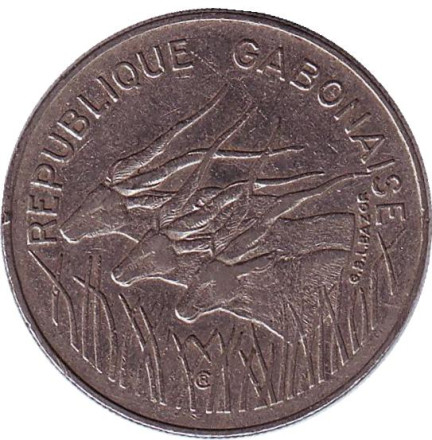 Монета 100 франков. 1984 год, Габон. Африканские антилопы. (Западные канны).