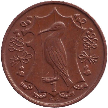 Монета 1 пенни. 1987 год, Остров Мэн. (AA) Хохлатый баклан.