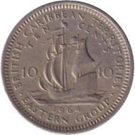 Монета 10 центов. 1964 год, Восточно-Карибские государства. Парусник.