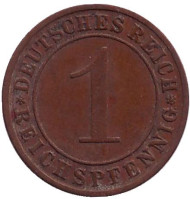 Монета 1 рейхспфенниг. 1931 год (E), Веймарская республика. Монета 1 рейхспфенниг. 1931 год (E), Веймарская республика.