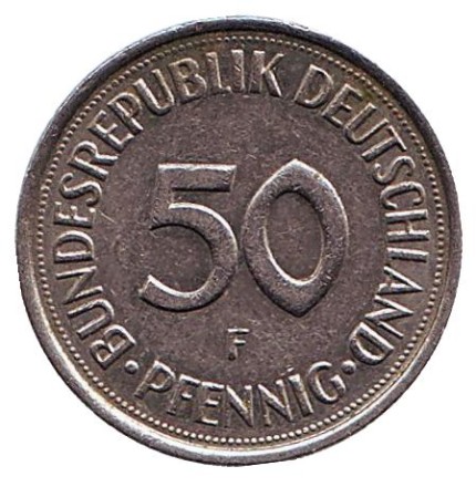 Монета 50 пфеннигов. 1992 год (F), ФРГ. Женщина, сажающая дуб. Монета 50 пфеннигов. 1992 год (F), ФРГ. Женщина, сажающая дуб.