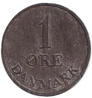 Монета 1 эре. 1962 год, Дания. (цинк). Монета 1 эре. 1962 год, Дания. (цинк).