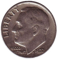 Монета 10 центов. 1972 (P) год, США. Рузвельт. Монета 10 центов. 1972 (P) год, США. Рузвельт.