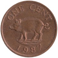 Монета 1 цент. 1987 год, Бермудские острова. Поросенок. 