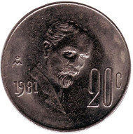 Монета 20 сентаво. 1981 год, Мексика. (закрытая 8). Франсиско Мадеро. Монета 20 сентаво. 1981 год, Мексика. (закрытая 8). Франсиско Мадеро.