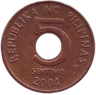 Монета 5 сентимо. 2004 год, Филиппины. Монета 5 сентимо. 2004 год, Филиппины.