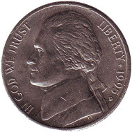 Монета 5 центов. 1995 год (D), США. Джефферсон. Монтичелло. Монета 5 центов. 1995 год (D), США. Джефферсон. Монтичелло.