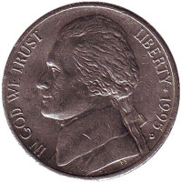 Джефферсон. Монтичелло. Монета 5 центов. 1995 год (D), США.