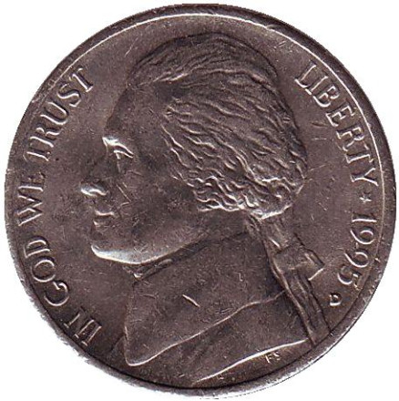 Монета 5 центов. 1995 год (D), США. Джефферсон. Монтичелло.