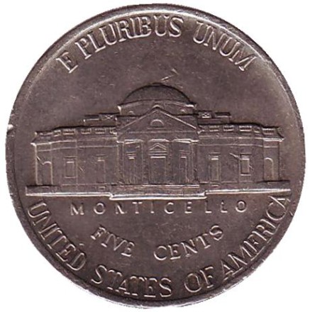 Монета 5 центов. 1995 год (D), США. Джефферсон. Монтичелло.