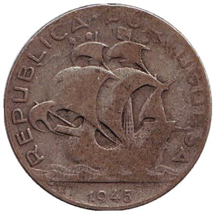 Монета 2,5 эскудо. 1945 год, Португалия. Парусник.