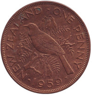 Монета 1 пенни, 1959 год, Новая Зеландия. Новозеландский туи. Монета 1 пенни, 1959 год, Новая Зеландия. Новозеландский туи.