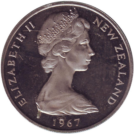 Монета 20 центов. 1967 год, Новая Зеландия. Proof. Киви (птица). Монета 20 центов. 1967 год, Новая Зеландия. Proof. Киви (птица).