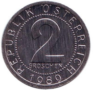 Монета 2 гроша. 1989 год, Австрия. UNC. Монета 2 гроша. 1989 год, Австрия. UNC.
