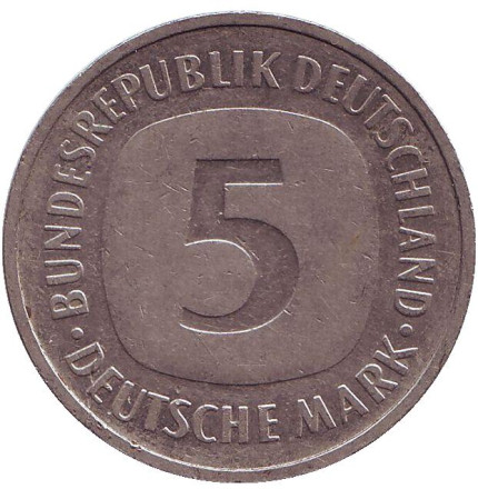 Монета 5 марок. 1991 год (A), ФРГ.