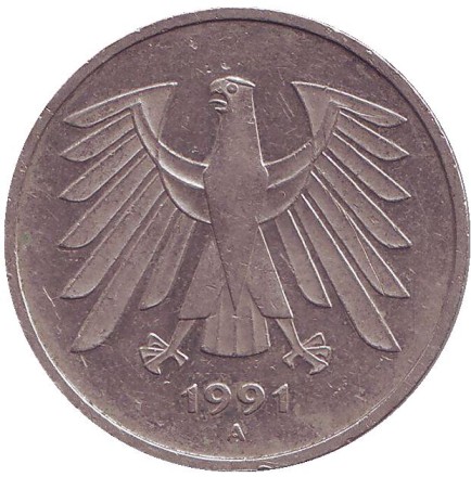 Монета 5 марок. 1991 год (A), ФРГ. Монета 5 марок. 1991 год (A), ФРГ.