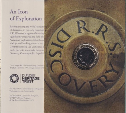 Монета 2 фунта. 2025 год, Великобритания. Королевское научно-исследовательское судно «Discovery». В буклете.