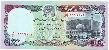 Банкнота 5000 афгани. 1993 год, Афганистан.
