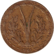 Монета 5 франков. 1991 год, Западные Африканские Штаты. Монета 5 франков. 1991 год, Западные Африканские Штаты.