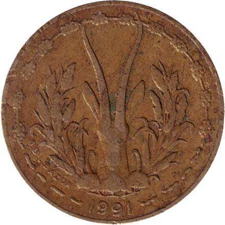 Монета 5 франков. 1991 год, Западные Африканские Штаты.