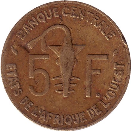 Монета 5 франков. 1991 год, Западные Африканские Штаты.