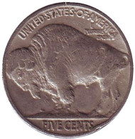 Монета 5 центов. 1937 год (P), США. Бизон. Индеец. Монета 5 центов. 1937 год (P), США. Бизон. Индеец.